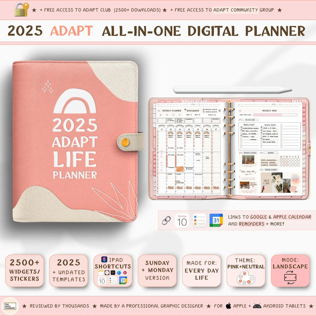 2025 ADAPT LIFE planner - Regular Landscape DATED Digital Planner GoodNotes, Noteshelf & more, 2500+ Widgets stickers | Monthly Weekly Daily